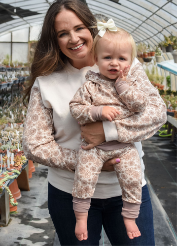 Soft vintage floral outfit for toddler girls and matching mommy top 